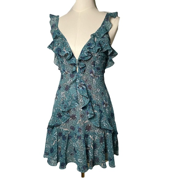 For Love and Lemons Poppy Flutter Mini Dress in Turquoise Blue Size M - Picture 1 of 13